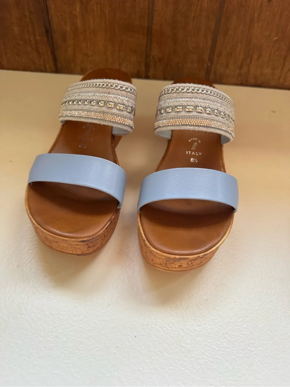 Toscanella Women blue Embellished Double Band Wedge Sandals Made In Italy  8.5